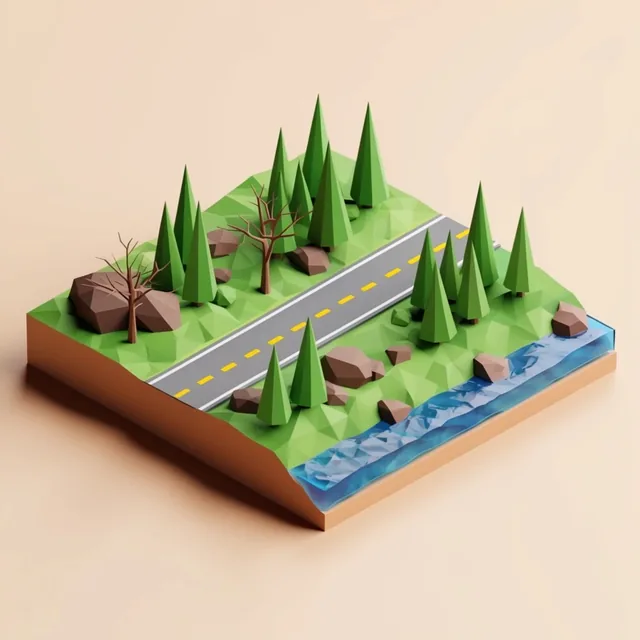 A low-poly 3D isometric forest diorama against a pastel beige background. A gray road with dash...