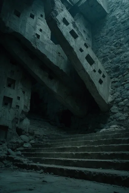 Brutalist concrete ruins merge with rough stone. Wide stairs ascend into dark crevices beneath...