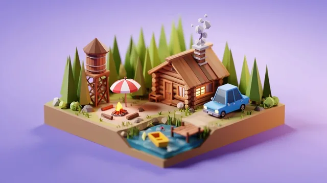 A low-poly 3D isometric miniature diorama of a campsite on a square dirt base against a soft pu...