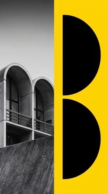 A diptych contrasting a stark black-and-white architectural photograph on the left with a flat,...