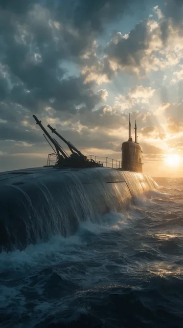 massive dark metallic submarine surfacing in a choppy ocean, heavy ocean water cascading off it...