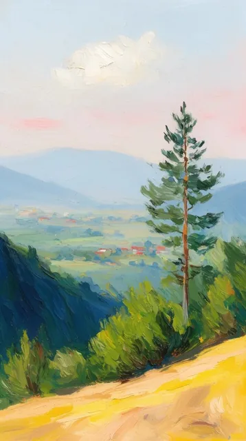 An impressionist oil painting of a valley viewed from a hillside, rendered in thick impasto bru...
