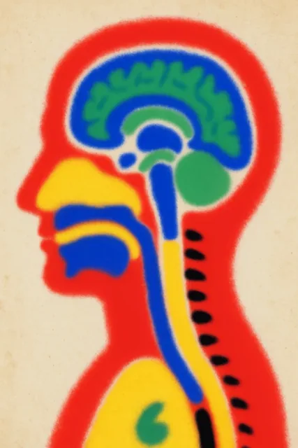 stylized abstract human profile diagram, vibrant blue green yellow internal organs, thick fuzzy...