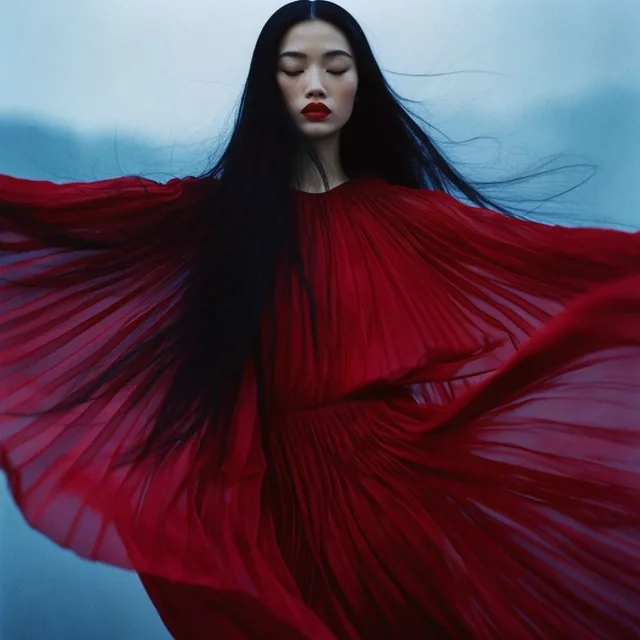 split composition portrait, East Asian woman with long black hair and red lips, closed eyes, bi...