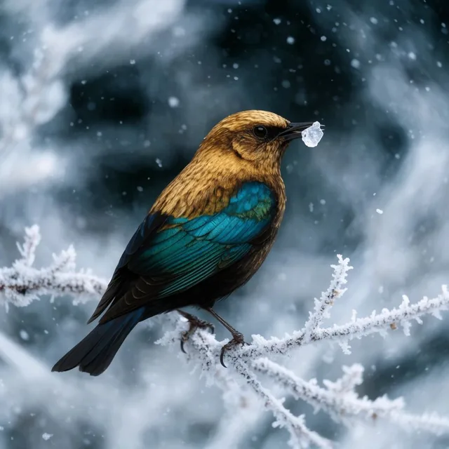 A bird with golden-brown plumage and iridescent teal wings perches on a frosted white branch, h...