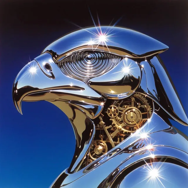 chrome avian mecha profile, sharp metallic beak, rippling concentric patterns inside eye slits,...
