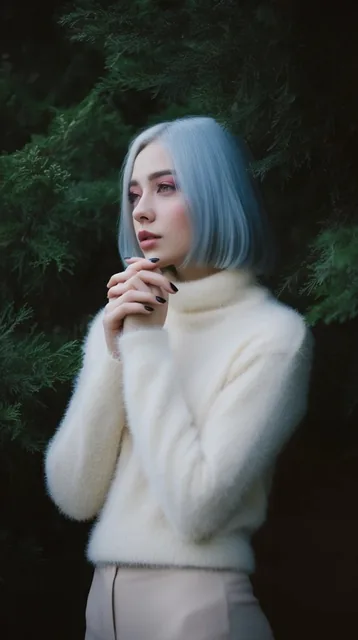 A young woman with a sleek icy-blue bob haircut gazes thoughtfully to the left, her hands gentl...