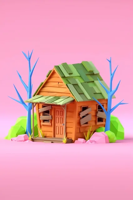 A low-poly 3D render of a rustic orange wooden cabin centered against a seamless, vibrant pink...