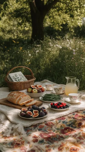 A lavish outdoor picnic rests on a textured cream throw and a colorful floral rug in a sunlit g...