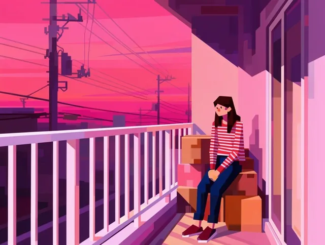 A young woman in a red-and-white striped shirt and dark blue pants sits on a geometric apartmen...