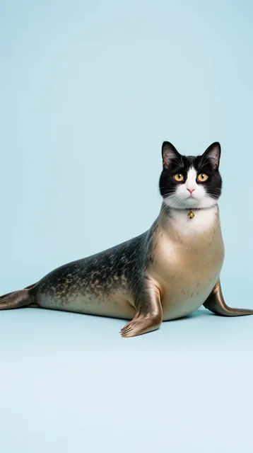 A realistic chimera combining a black-and-white tuxedo cat's head with a seal's sleek body, lyi...