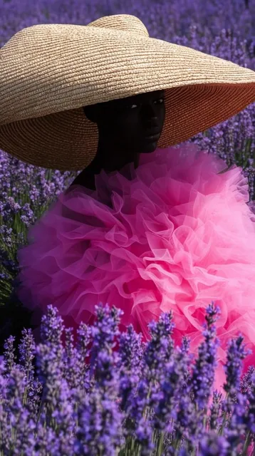 Black female model in a blooming lavender field, oversized woven straw sun hat, voluminous brig...
