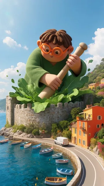 A colossal 3D-animated figure in a green tunic and orange glasses uses a massive pestle to crus...