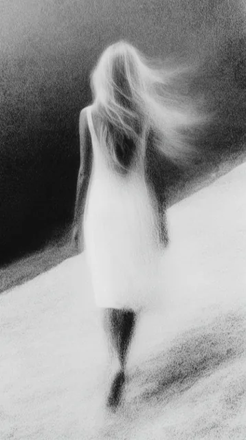 A spectral figure viewed from behind, wearing a simple white dress with long, flowing light hai...