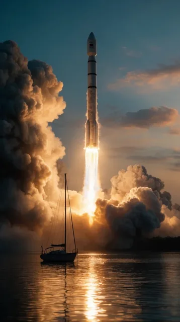 rocket launching into a twilight sky, massive billowing smoke plumes, bright exhaust flame, sil...