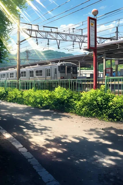 sunlit railway station, anime style digital illustration, grey train at platform, green metal f...