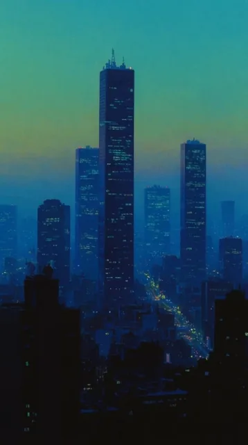 towering skyscrapers in a dense cityscape at twilight, deep cyan and teal palette, retro animat...