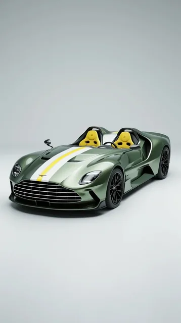 sleek open-cockpit sports car, metallic sage green, white and yellow racing stripes, large slat...