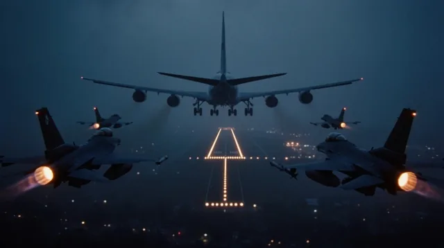 Large aircraft flying toward a distant night runway escorted by fighter jets, two dark jets in...