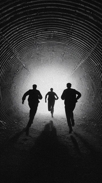 three silhouetted figures running towards a bright distant light, dark corrugated metal tunnel...