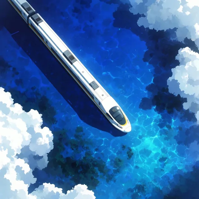 top-down aerial view of a sleek white high-speed train with a yellow stripe, traveling diagonal...