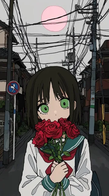 anime girl with green eyes holding red roses, white sailor uniform, narrow residential street,...