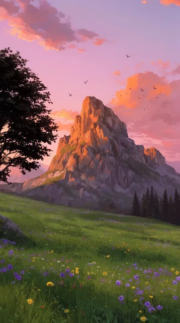 towering rocky mountain catching warm sunset light, vibrant green meadow with scattered purple...