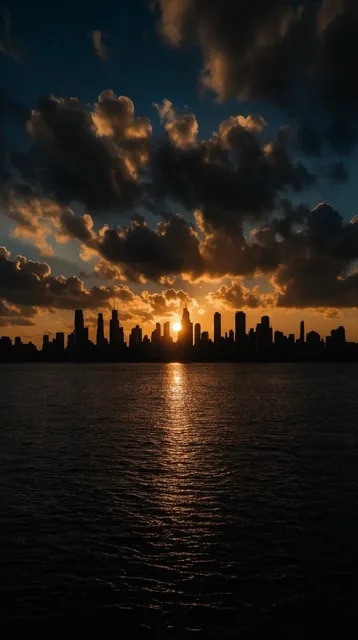 silhouetted city skyline across dark rippling water at sunset, jagged skyscraper horizon, brigh...