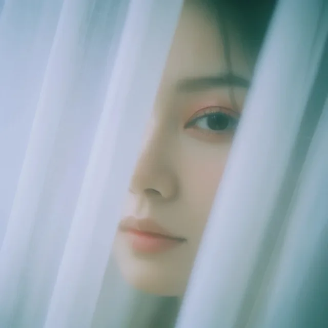 A soft-focus close-up portrait of a woman peering through sheer white curtains. Translucent ver...