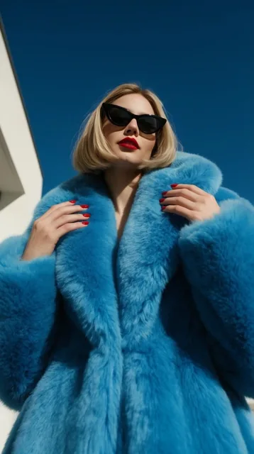A low-angle fashion portrait of a woman in an oversized, vibrant cerulean blue faux-fur coat po...