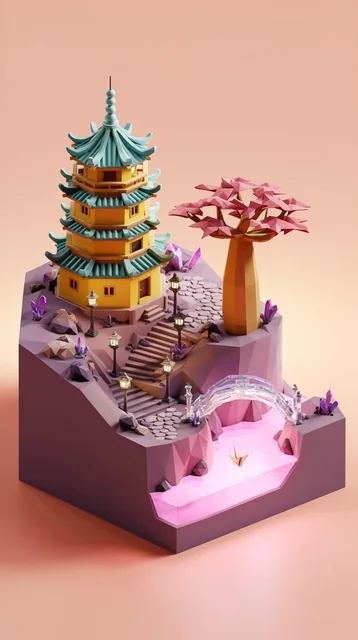 A 3D low-poly isometric diorama featuring a stout multi-tiered hexagonal yellow pagoda with tea...