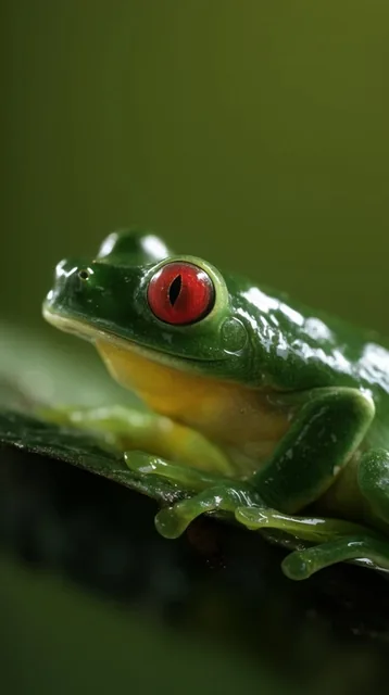 A vibrant green tree frog rests on a dark leaf in a close-up macro photograph. The amphibian fe...