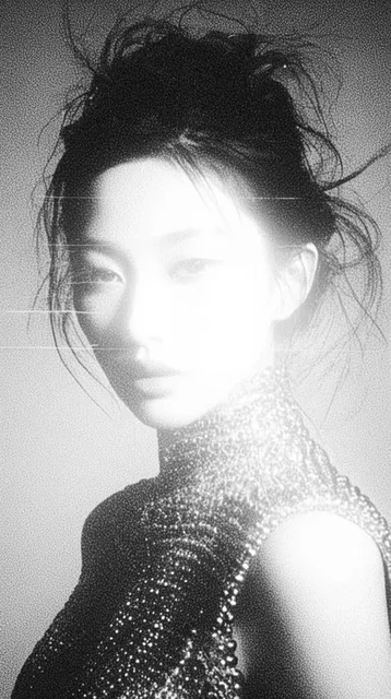 A heavily textured, high-contrast monochromatic portrait of a woman radiating an ethereal, over...