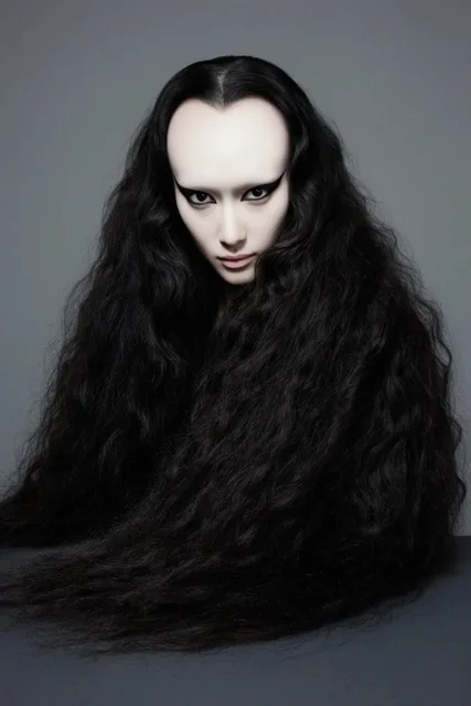 A stylized high-fashion portrait of a person with exceedingly pale skin, an exaggeratedly high...