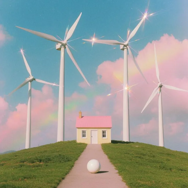A tiny pale yellow house with a pink roof sits on a grassy hill, dwarfed by four massive white...