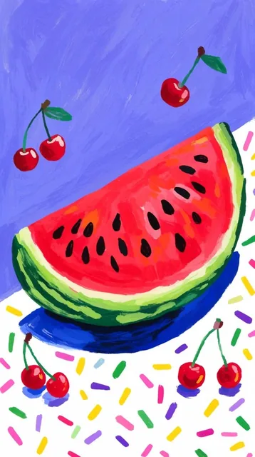 A vibrant, painterly illustration features a large watermelon slice resting against a split dia...