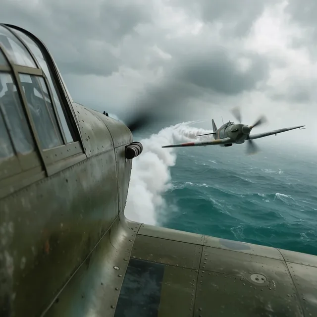 Close-up olive aircraft fuselage and wing, distant propeller plane trailing white smoke, choppy...