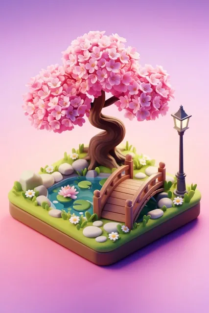 An isometric 3D miniature spring garden diorama. A twisted cherry blossom tree with a thick pin...