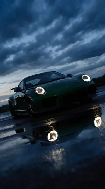 A dark green sports car sits on wet asphalt under a dramatic, cloudy twilight sky. Illuminated...