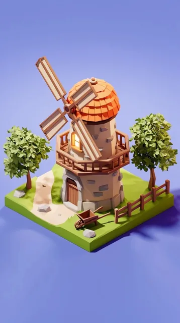 An isometric low-poly 3D diorama of a rustic stone windmill on a square grassy base against a p...