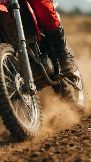 Close-up low-angle action shot of dirt bike wheels accelerating on a dry track. A rider's leg i...