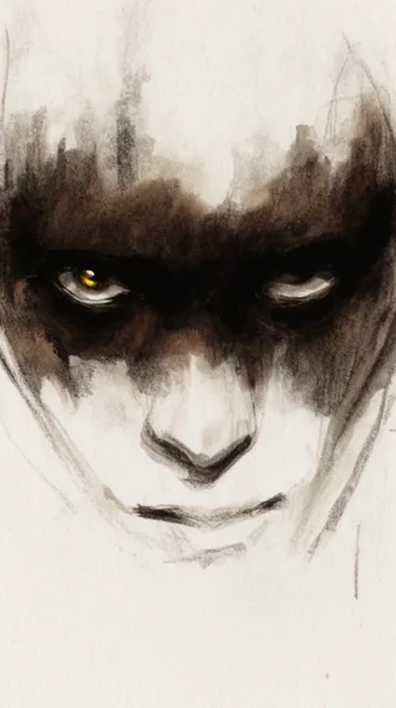 A close-up charcoal and wash sketch of a person's heavily shadowed eyes staring intensely forwa...