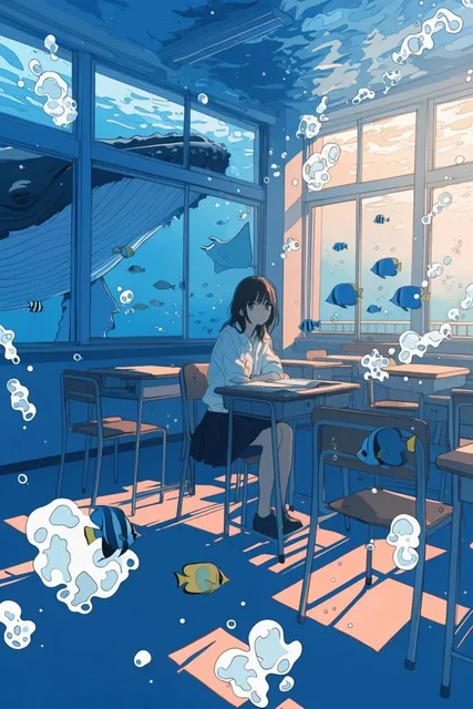 surreal anime illustration of a submerged classroom, young woman sitting at a desk, floating st...