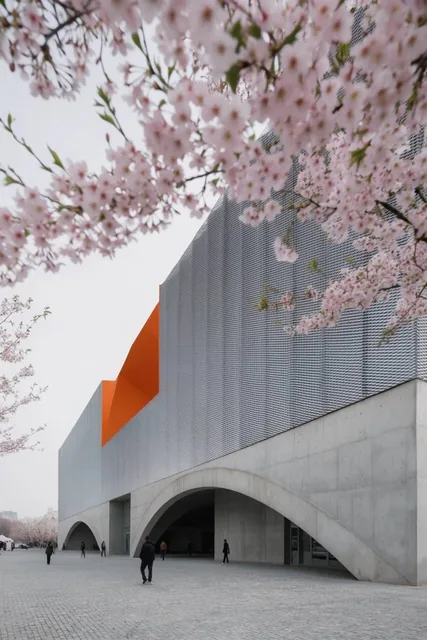 Framed by out-of-focus pale pink cherry blossoms, a massive modern building features a smooth c...