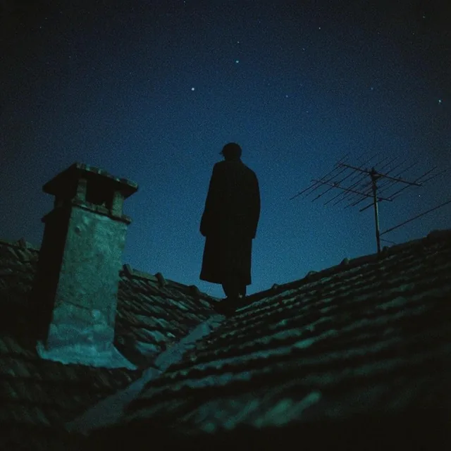 A lone silhouetted figure in a long coat stands on a sloped tiled roof beneath a dark blue nigh...