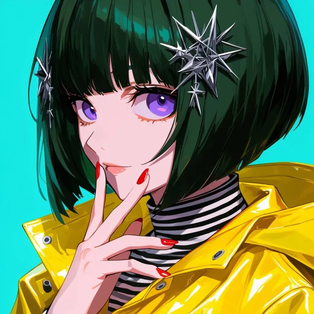 An anime-style portrait of a young woman with a short sleek dark green bob and geometric silver...