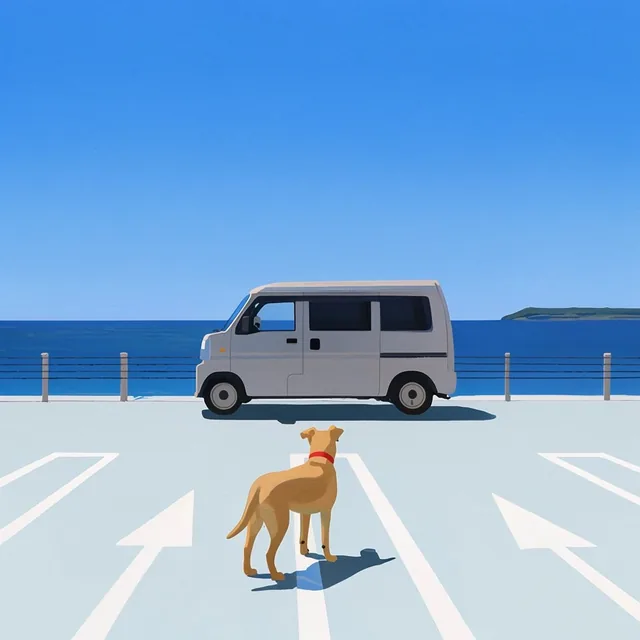 A tan dog with a red collar stands viewed from behind, casting a sharp shadow on pale blue pave...