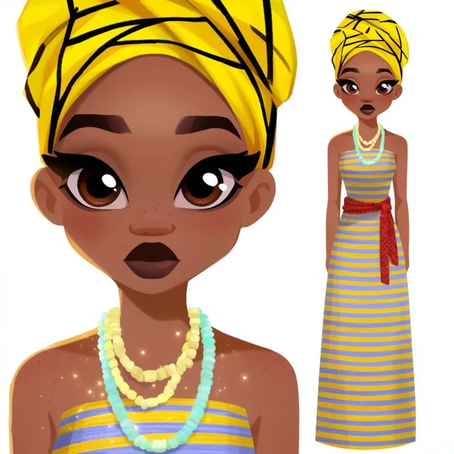 A stylized character design sheet presents a young woman with a vibrant yellow headwrap and str...