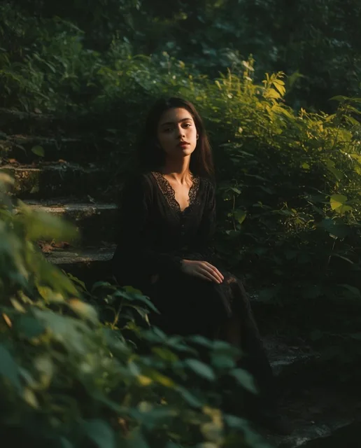 A young woman wearing a dark lace-trimmed dress sits on weathered stone steps amidst a vibrant,...