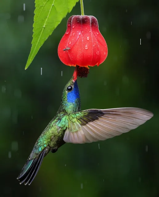 Hummingbird in mid-flight feeding from a hanging red lantern-shaped flower, iridescent green pl...